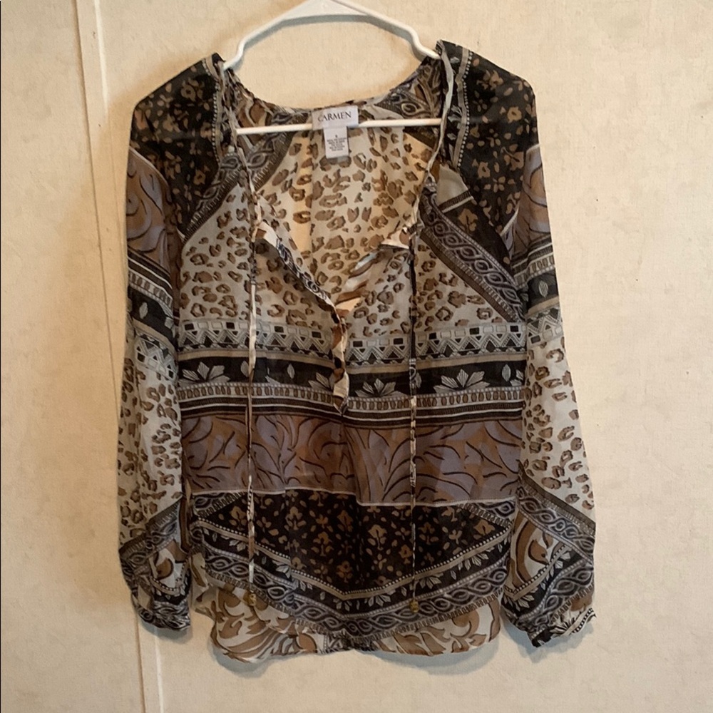 Carmen Marc Valvo Brown and Tan V-Neck Long Sleeve Blouse